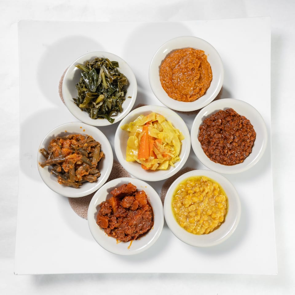 Vegetarian platter of Ethiopian dishes.