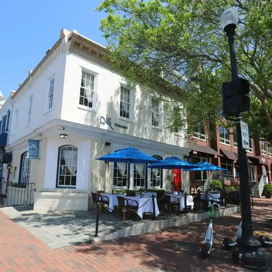 Outdoor dining at a corner restaurant.